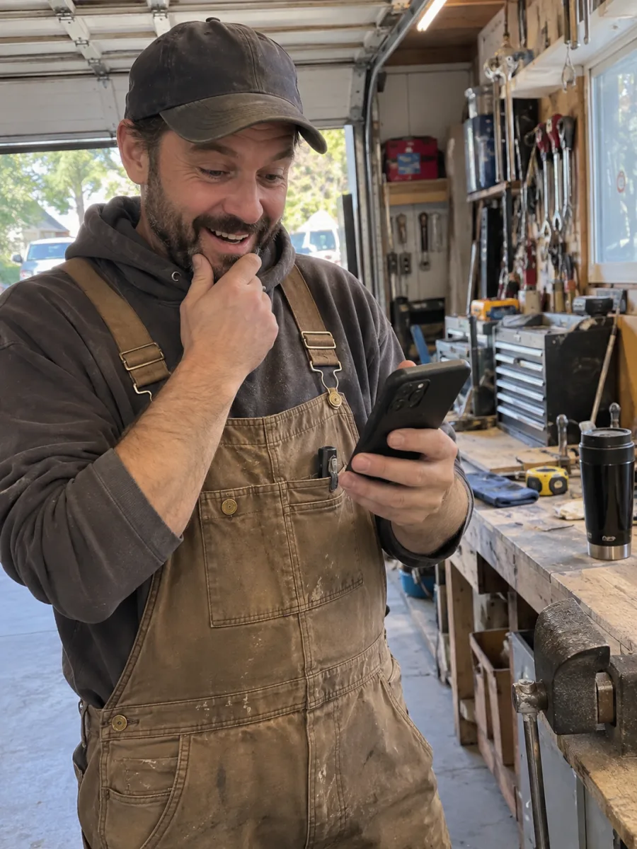A tradesman looking at a finished business website on his phone