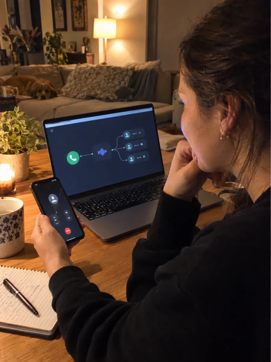 A person watching an automated calling workflow from home