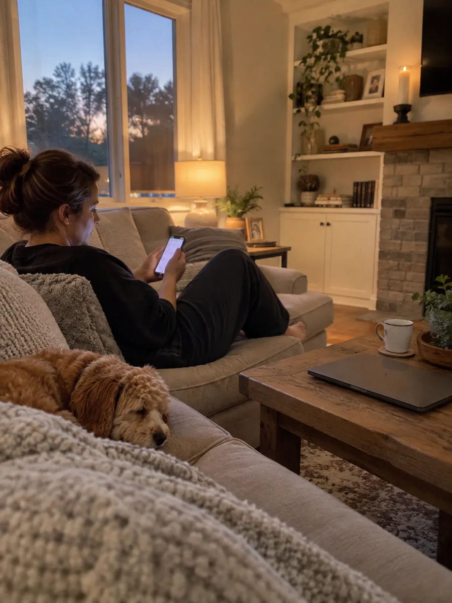 A relaxed person checking the automated workflow from a living room